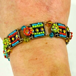 Vintage Colorful Beaded Glass Mosaic Bracelet w/ Rhinestones, 7–8.25”.